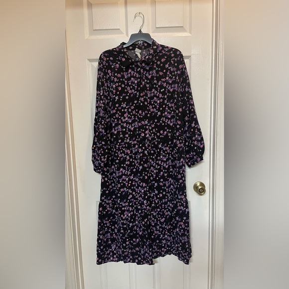 H&M Dresses Hm Black Purple Floral Ditsy Long Puff Sleeve Chiffon